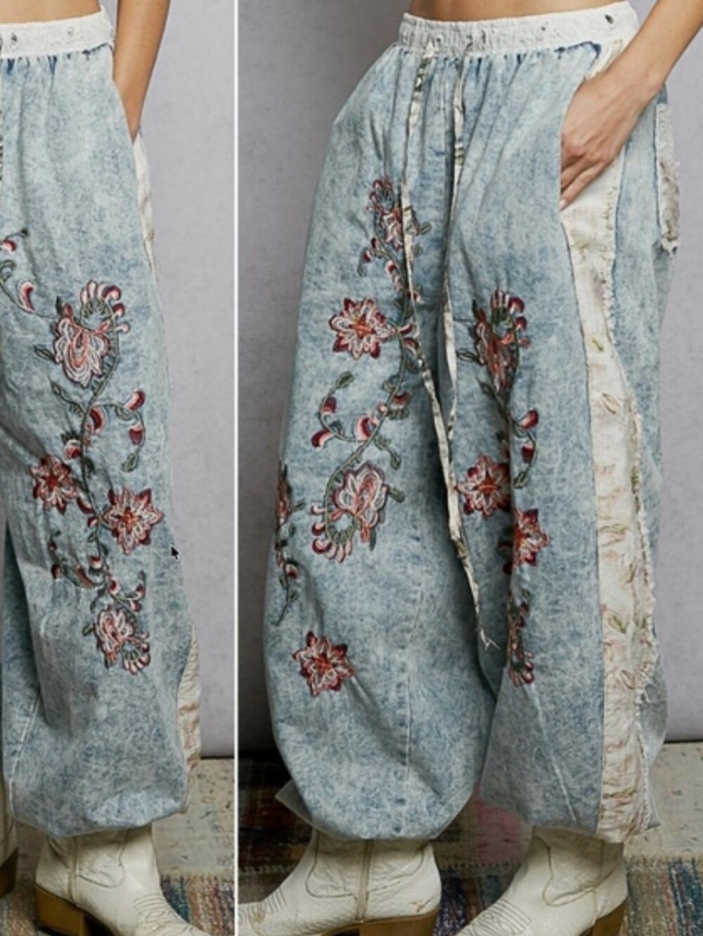 POL Embroidered Acid Wash Denim Joggers